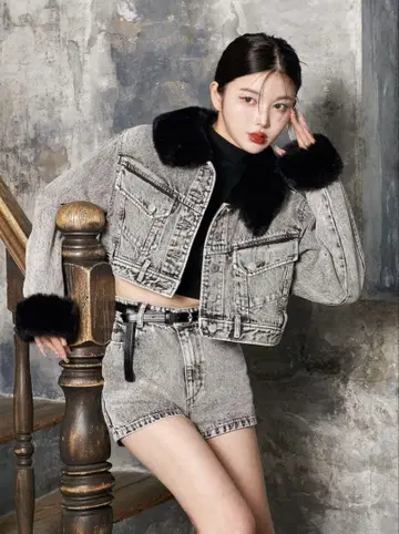 다리치 퍼 케미컬 데님 자켓 블랙