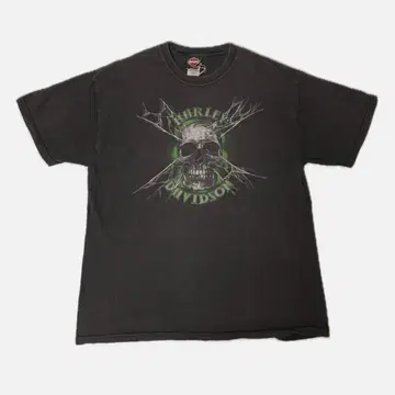 Harley Davidson 스컬 티셔츠 블랙 페이드 그린 USA제