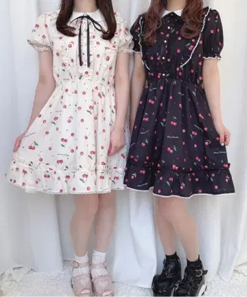 체리 패턴 블랙 미니 원피스 반팔 프릴