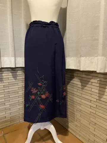 기모노 리메이크 순수 실크 네이비 박스 플리츠 롱 스커트