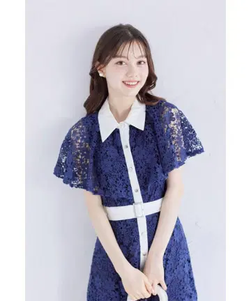 벨트 포함 배색 케이프형 플라워 레이스 셔츠 원피스