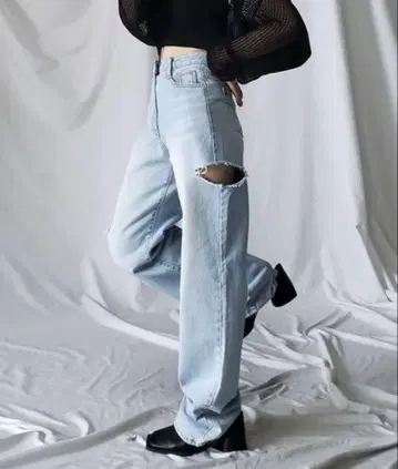컷 아웃 사이드 슬릿 롱 데님 팬츠 밈 셀렉트