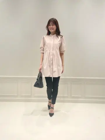 아베닐 에투알 핀턱 퍼프 슬리브 롱 셔츠 블라우스 핑크