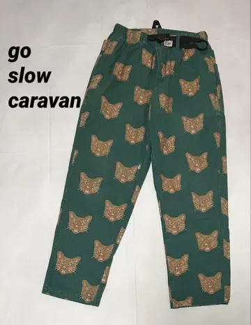 go slow caravan 이지 팬츠 고양이 그린 올 패턴 캔버스