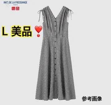 유니클로 이네스 코튼 플레어 V넥 원피스 깅엄 체크 L