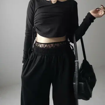 me+me select 허리 레이스 도킹 와이드 스웨트 팬츠 블랙
