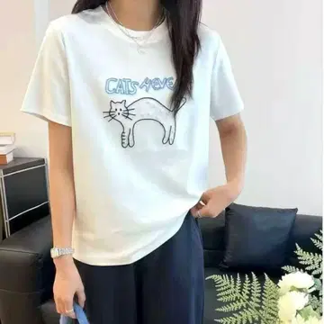 펄 장식 자수 디자인 티셔츠 코튼 고양이 Cat