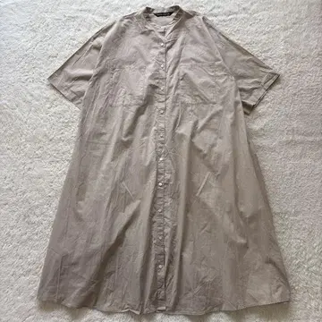 미즈이로 인드 밴드 카라 롱 셔츠 원피스 반팔 베이지 코튼