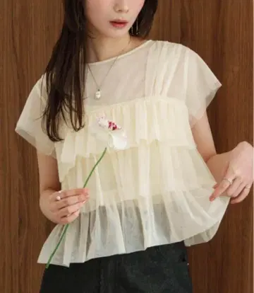 hinari 튤 프릴 프렌치 슬리브 탑