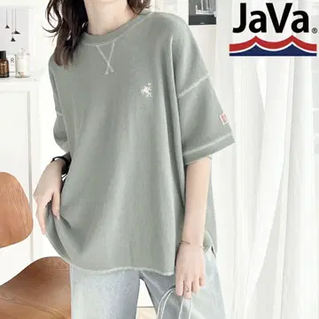 자바 자바 콜라보 탑 티셔츠 여성용 와플 반팔 L 그린