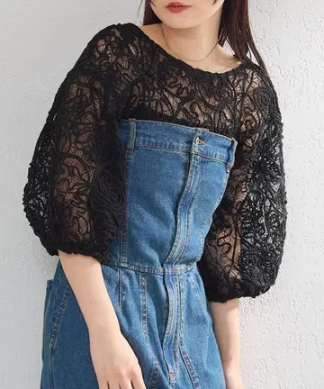 Kastane 카스타네 시어 레이스 5부 소매 가디건 블랙