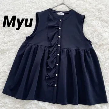 뮤 페플럼 베스트 블라우스 F 슬리브리스 펄 프릴 네이비