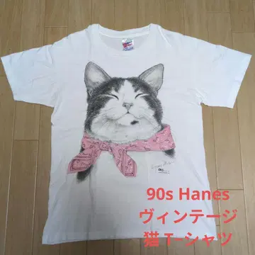90s 빈티지 고양이 프린트 T 셔츠 사이즈 M