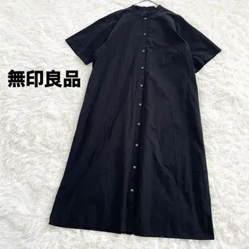 MUJI 밴드 카라 롱 셔츠 원피스 XL 코튼 블랙 반팔