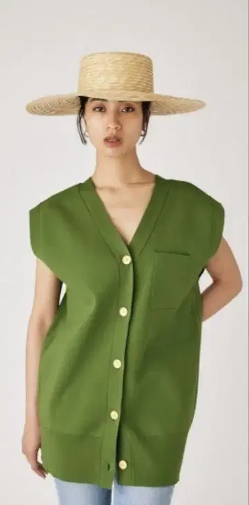 moussy 그린 니트 베스트 V 넥 버튼