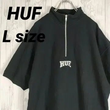 HUF 하프 티셔츠 반팔 맨투맨 하프 지퍼 자수 센터 로고 블랙 L