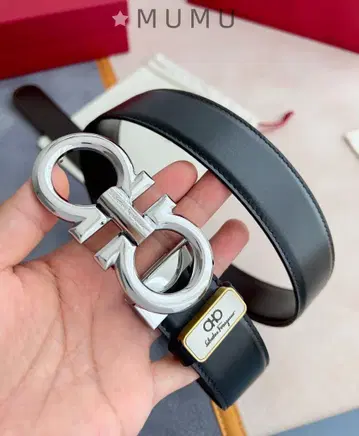 페라가모 벨트 천연 가죽 리버서블 순동 실버 버클 블랙