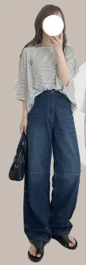 시마무라 초코 데님 배럴 팬츠 중네이비 M 사이즈