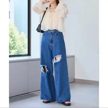 새상품 카스타네 크러쉬 데님 와이드 팬츠