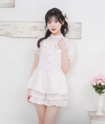 허니시나몬 하트 초커 리본 프릴 셋업