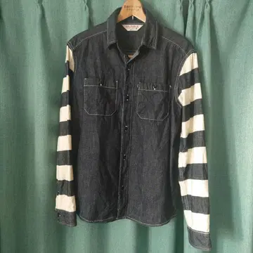 Cluct Works 데님 죄수 보더 스트라이프 바이커 긴팔 셔츠 M