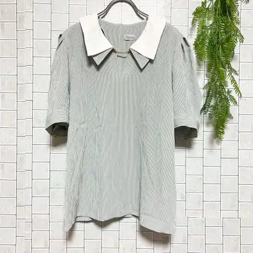 파비우스 일본제 핀스트라이프 블라우스 이중 옷깃 골드 체인 빈티지