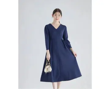 네이비 A 라인 드레스 긴팔 V 넥