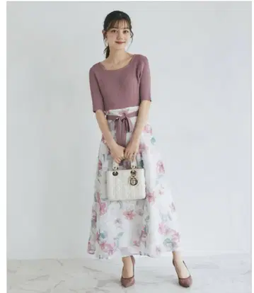 꽃무늬 반팔 롱 원피스 핑크