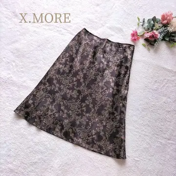 X.MORE] 여성용 플레어 스커트 블랙과 금색 꽃무늬 새틴 허리 64