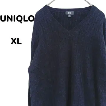 유니클로 [XL] 새상품급 블랙 V넥 리브 스웨터 코튼 캐시미어 혼방