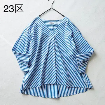 1838A 새상품급 23구 상쾌한 스트라이프 플레어 블라우스 칸쿠리니 면