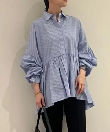 미라 오웬 Mila Owen 셔츠 카라 개더 튜닉 블라우스