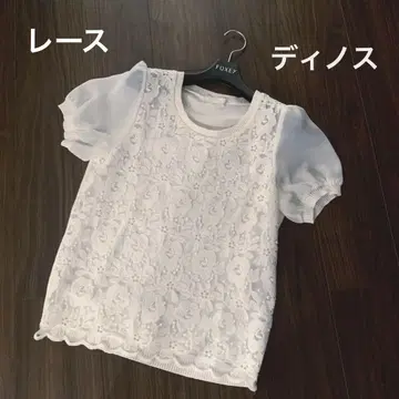 레이스 상의 면 레이스 퍼프 슬리브 니트 반팔