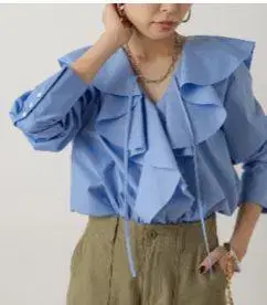 라운지 드레스 새상품급 프릴 칼라 셔츠 블루