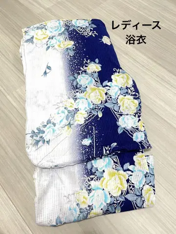 여성용 유카타 단품 다크 블루 장미 반짝이 옐로우 컬러 화이트 실버