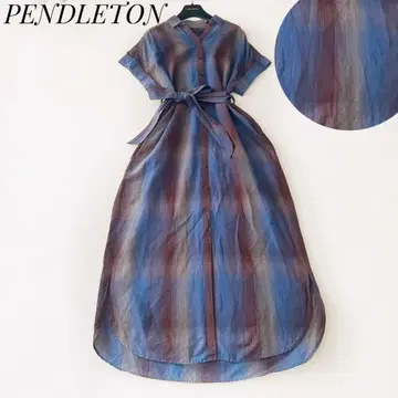 PENDLETON 코튼 린넨 체크 무늬 반팔 롱 셔츠 원피스