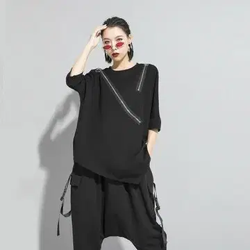 비대칭 지퍼 변형 티셔츠 상의 블랙 빅 사이즈 모드 스타일 한국 무지