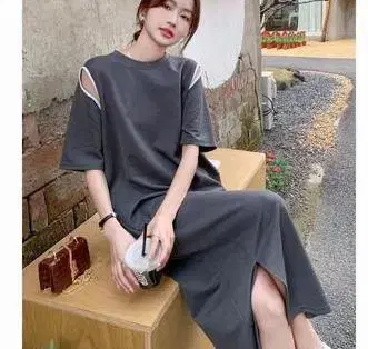 원피스 원피스 롱 루즈한 어깨 컷 아웃 사이드 슬릿 캐주얼 마터니티