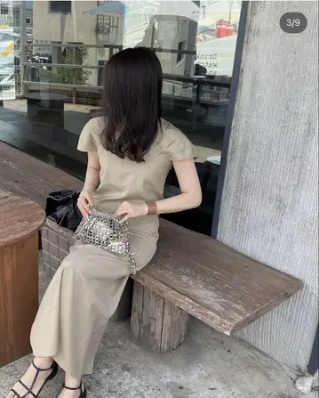 mieajunar 베이지 원피스 반팔 플레어 슬리브