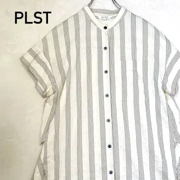 PLST 플라스테 도비 밴드 카라 셔츠 반팔 스트라이프 M