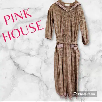 PINK HOUSE 롱 원피스 체크 브라운 옷깃 핑크하우스