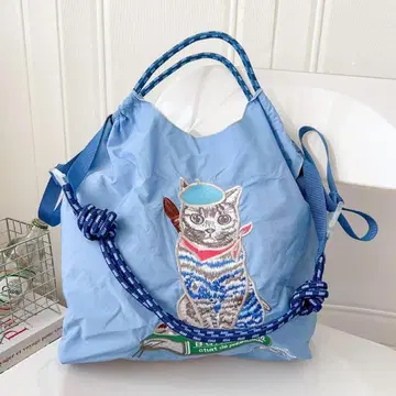 Ball & Chain 한국 에코백 자수 M 사이즈 블루 파랑 고양이