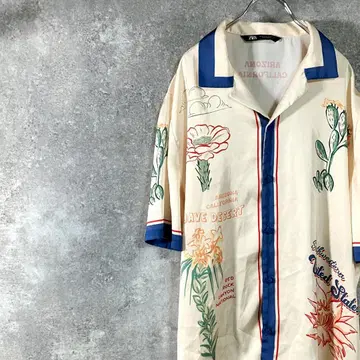 ZARA 새틴 셔츠 패턴 셔츠 크림 꽃 선인장 사막 폴리에스테르
