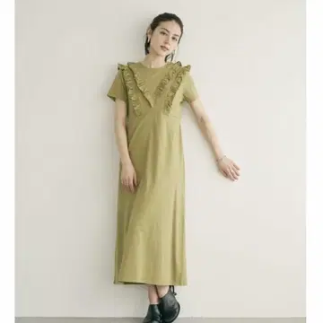 올리브색 프릴 디자인 롱 원피스