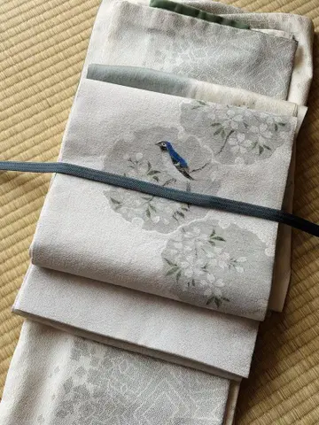 순수 실크 나고야 오비 염색 오비 파랑새 눈송이 벚꽃