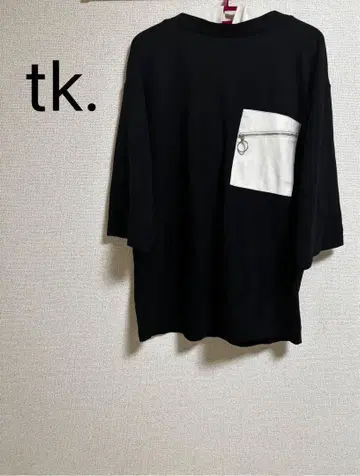 다케오 키쿠치 tk. 7부 소매 티셔츠 블랙 포켓 부착