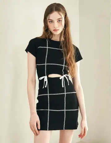 Darich 다리치 스티치 리본 리브 미니 원피스 BLK FREE