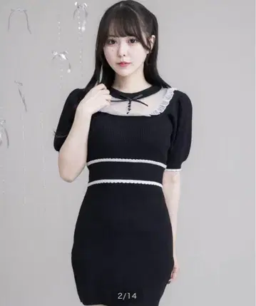 pium 튤 프릴 도리 니트 퍼프 원피스