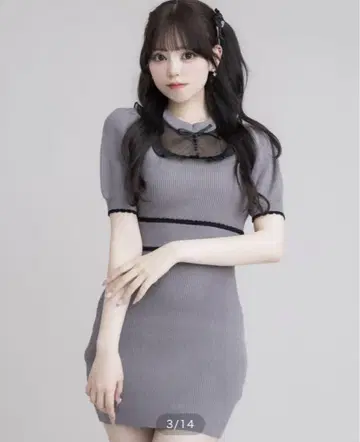 pium 튤 프릴 도리 니트 퍼프 원피스