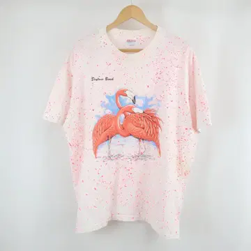 90s USA제 플라밍고 페인트 올 패턴 프린트 네온 티셔츠 XL